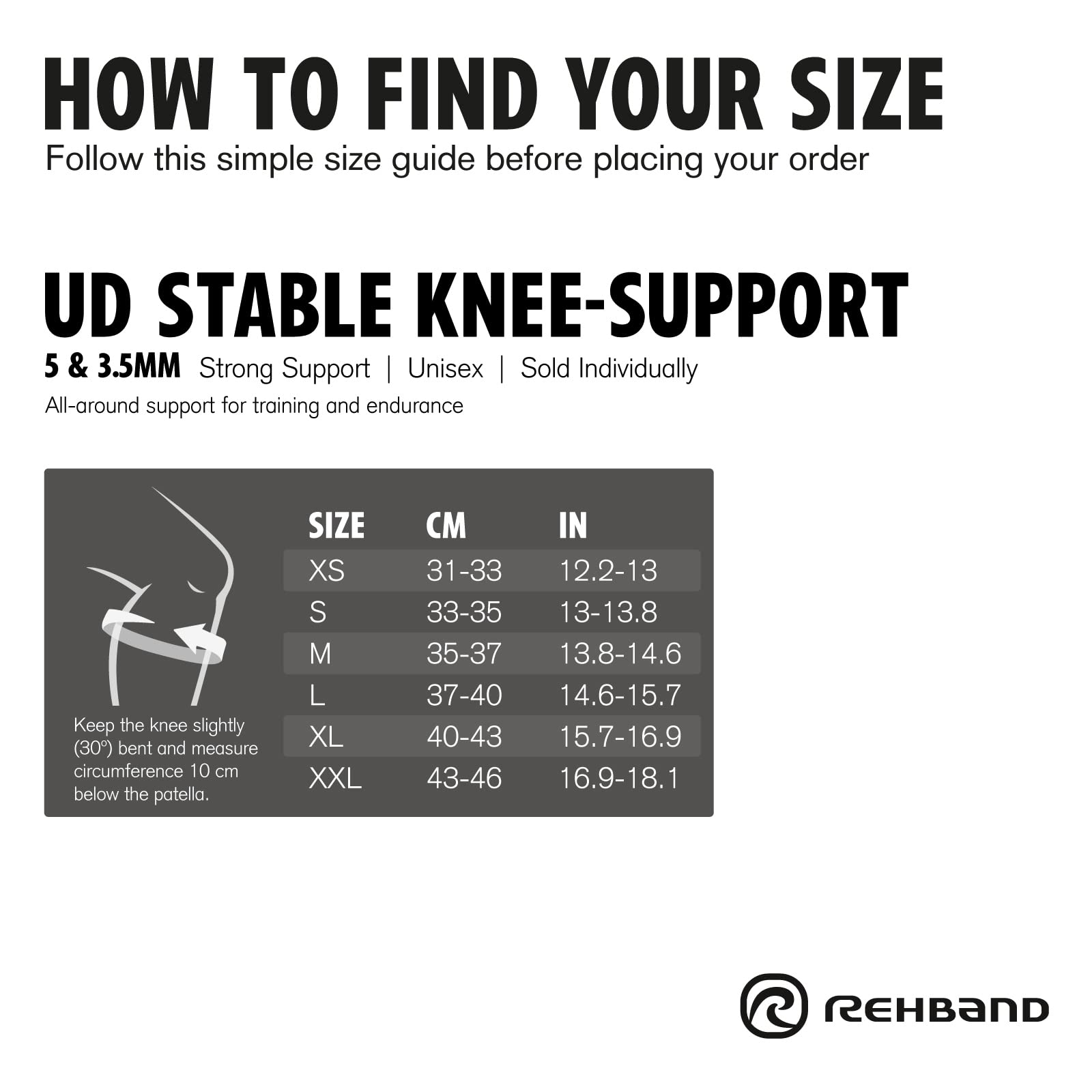 Rehband UD Stable Knee Support Genouillère de maintien en néoprène avec stabilisation, compression, patella support attelles flexibles, soutien genou blessé ou instable, Couleur:Noir, Taille:S