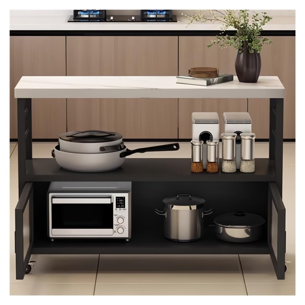 Carrello da cucina Piano in pietra sinterizzata Cucina isola scorrevole Ante in vetro scanalato Ruote con serratura(Black,L)