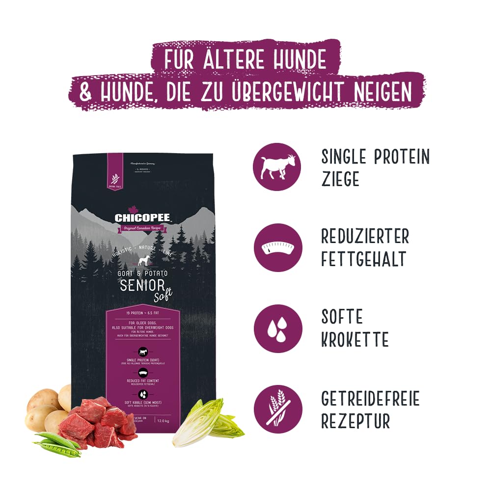 Chicopee HNL Soft Senior Goat & Potato sucha karma dla psów, 12 kg, od Bosch | karma dla psów | kanadyjska receptura | Made in Germany | marka Bosch karma dla zwierząt
