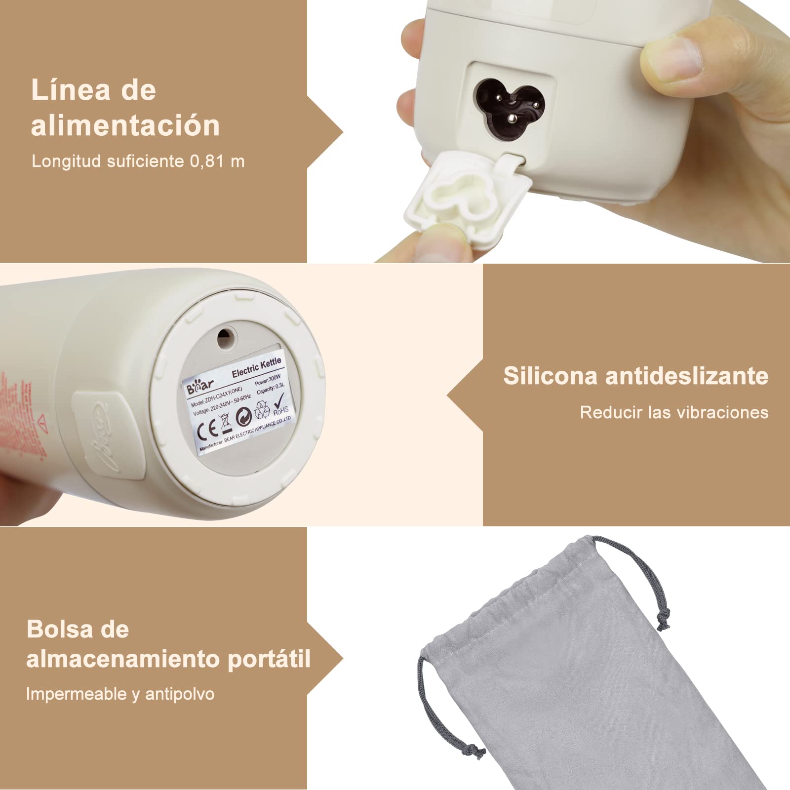 Bear 300ml 4 - Temperatura Hervidor Eléctrico, Control Portátil De Un Solo Clic, Taza Térmica De Calentamiento Rápido De Viaje De Tres En Uno, Doble Capa 304 Acero Inoxidable