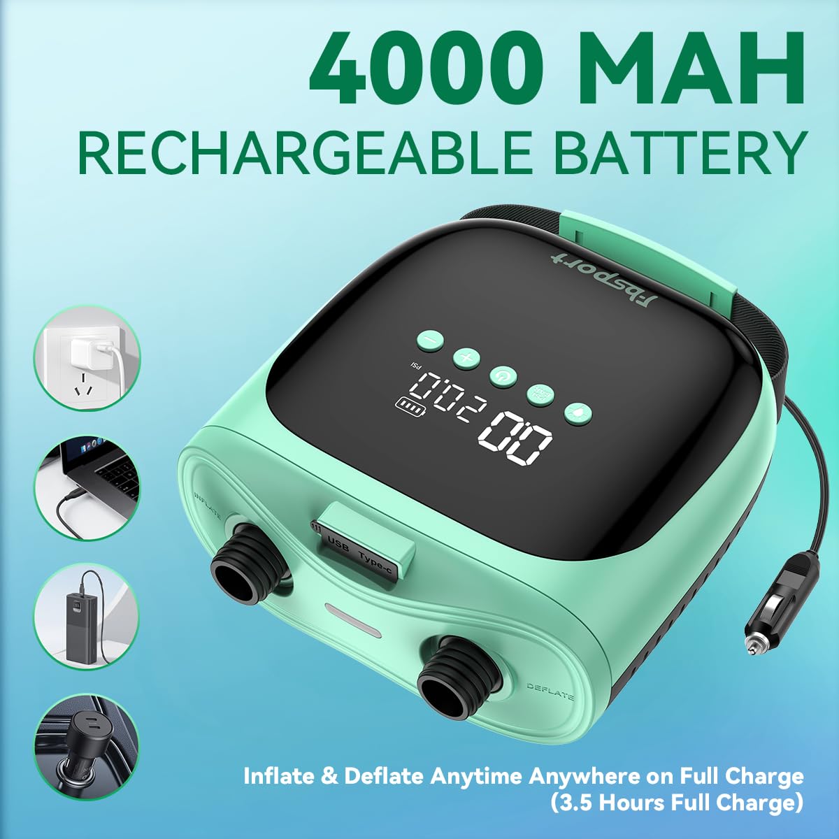 FBSPORT Gonfleur Electrique Paddle Rechargeable 4000mAh Batterie & 12V DC, 20PSI Pompe Paddle Electrique Auto-Arrêt, Inflation/Déflation Double Étape, pour Sup, Tente, Bateaux, Kayaks, Matelas