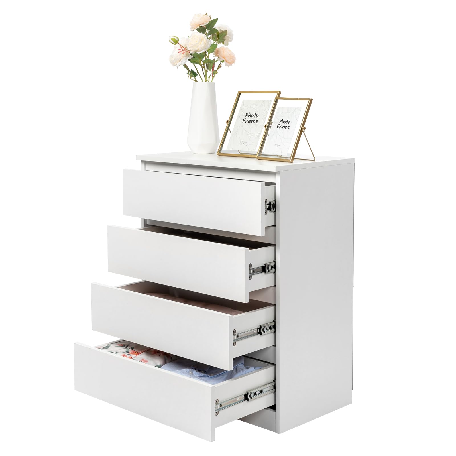 Bonnlo Kommode Weiß mit 4 Schubladen – Moderner, Stabiler Schubladenschrank, Sideboard, Nachttisch mit viel Stauraum aus P2-Holz, 60 x 38 x 78 cm, für Wohnzimmer, Schlafzimmer, Flur oder Büro