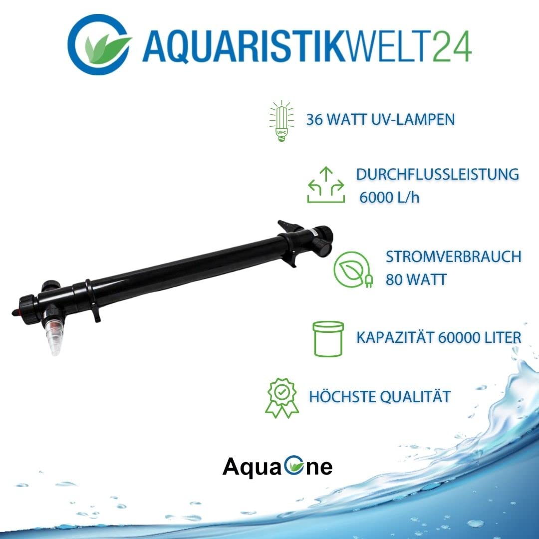 AquaOne Depuradora UVC CUV 172 I con 2 lámparas UV de 36 W, clarificador de estanque UVC, agua clara en el estanque, exterminador de algas para estanques de jardín, piscina, acuarios