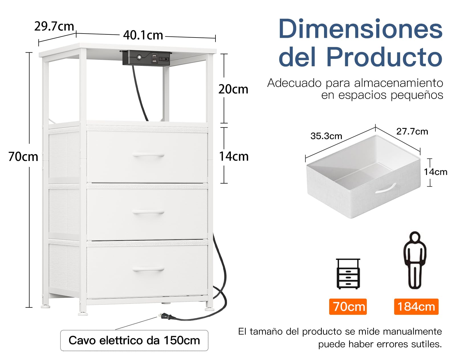 Coleshome Mesitas de Noche Blanco, con Enchufe, 2 Puertos USB y Tira de Luces LED, Mesita de Noche con 3 Cajones de Tela y 2 Espacio de Almacenamiento, 40 x 30 x 70 cm, 1 Paquete