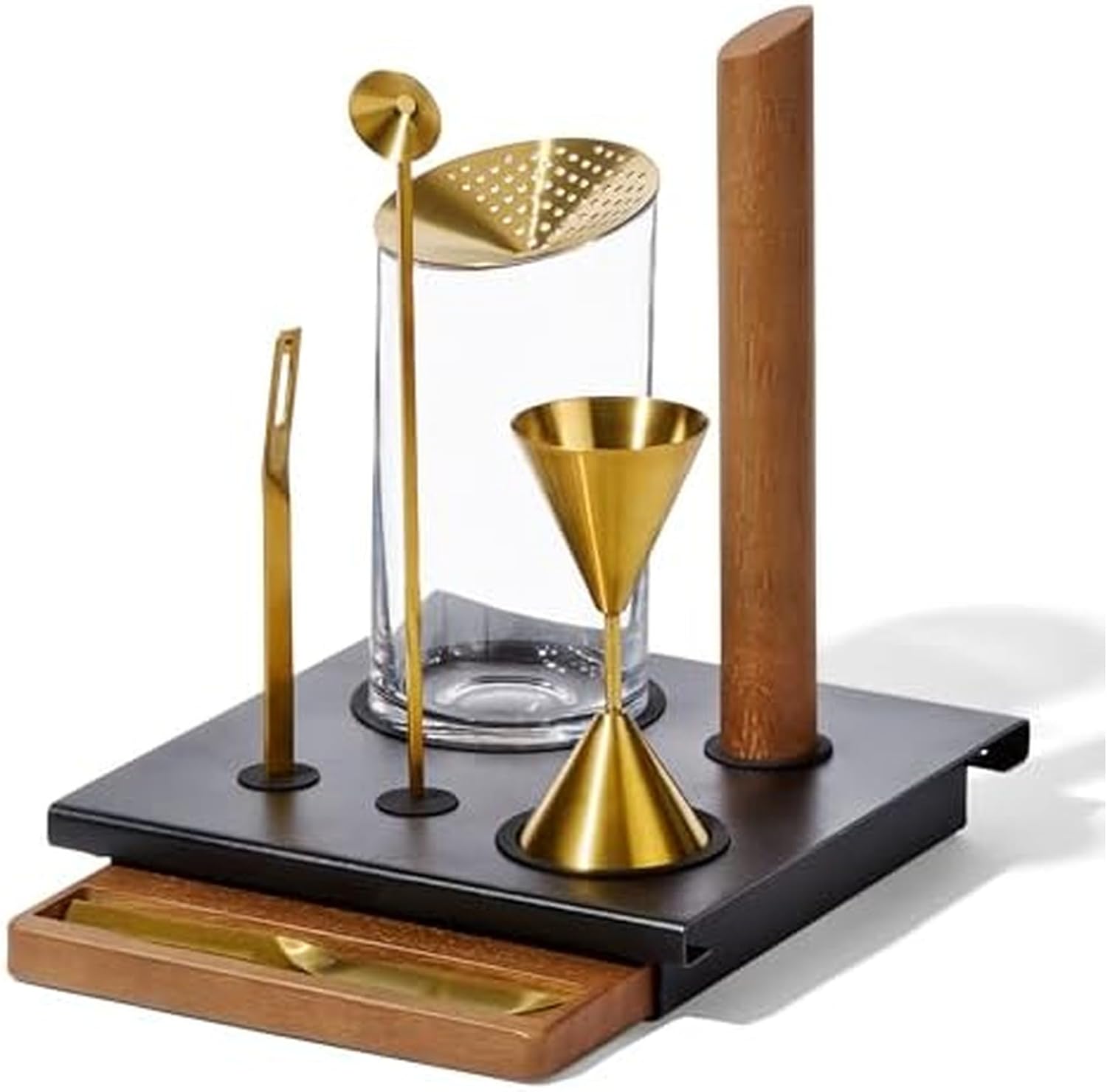 Rabbit 9-Piece Bar Tool Set with Prep Board, Mixing Glass, Strainer, Jigger, Channel Knife, Bar Spoon, Rubberwood Muddler, Citrus Knife and Storage Base