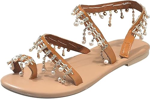 Desirepath Sandalias planas para las señoras elegante perla hecha a mano con cuentas Sommer Beach Shoes