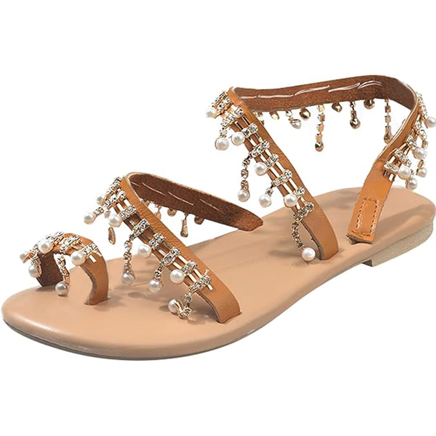 Desirepath Flat Sandals for Women Ladies Elegant Pearl Handmade Beaded Sommer Beach Shoes