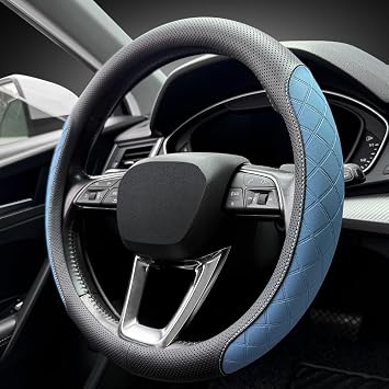 LKWLIKEI Nappa Leather Steering Wheel Cover,Elegant Diamond Checkered Design, Non-Slip wear-Resistant, Enhance Driving Comfort, Suitable for Steering Wheel Diameter 14 1/2-15 Models.Black Blue