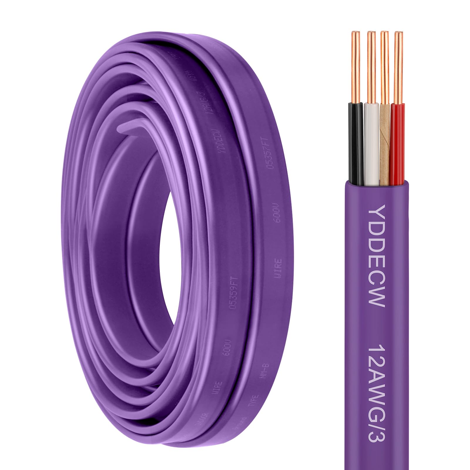 YDDECW 12/3 NM-B Wire with Ground - 15FT 12 Gauge Non-Metallic Sheathed Cable Pure Copper 12 AWG 3 Conductor Residential Indoor Wire for Outlets,