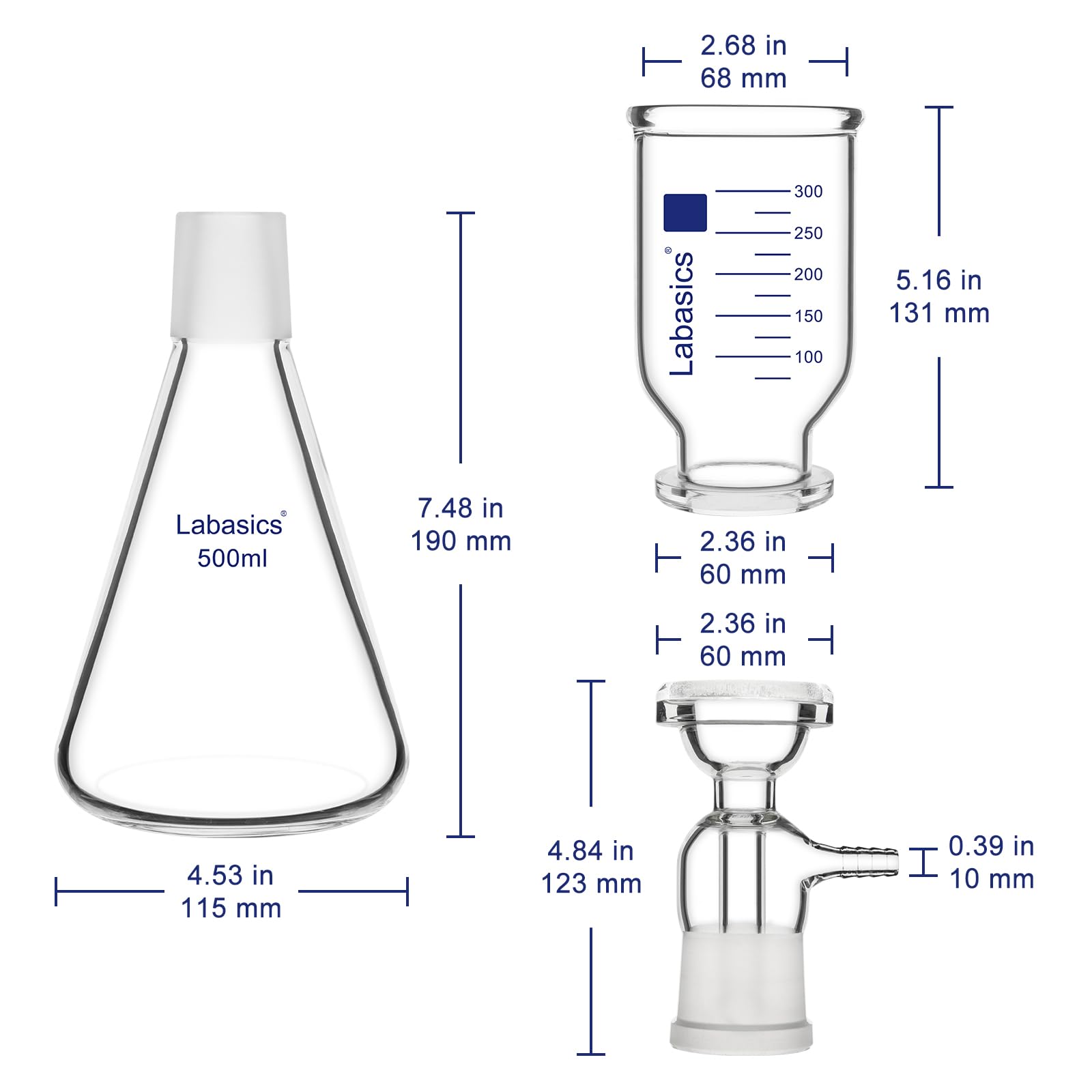 Labasics Apparato di Filtrazione a Vuoto, Vetro Borosilicato, Piastra Filtro a Nucleo di Sabbia 10μm, Matrazzo di Filtrazione 500 ml, con Becher Graduato 300 ml