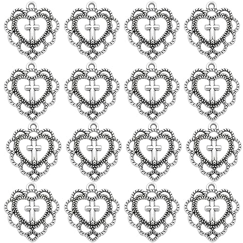 SUNNYCLUE 1 Box 100Pcs Cross Charms Bulk Mini Cross Beads Tibetan Style Antique Silver Heart Love Charm Vintage Flower Shaped Hollow Crucifix for jewellery Making DIY Craft Supplies
