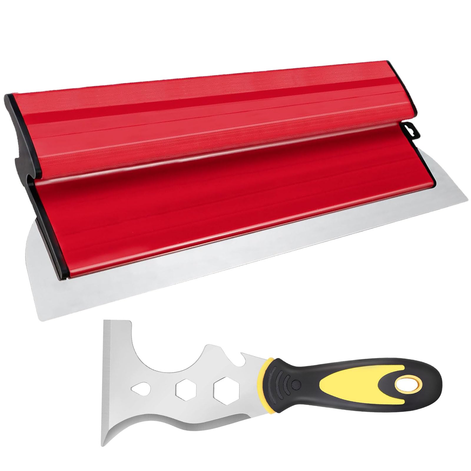 Skimming Blade, 40cm Drywall Stainless Steel Smoothing Spatula, Skimming Blade with Stainless Steel 13-in-1 Painters Tool, for Smoothing and Finishing Concrete Coatings(Red)