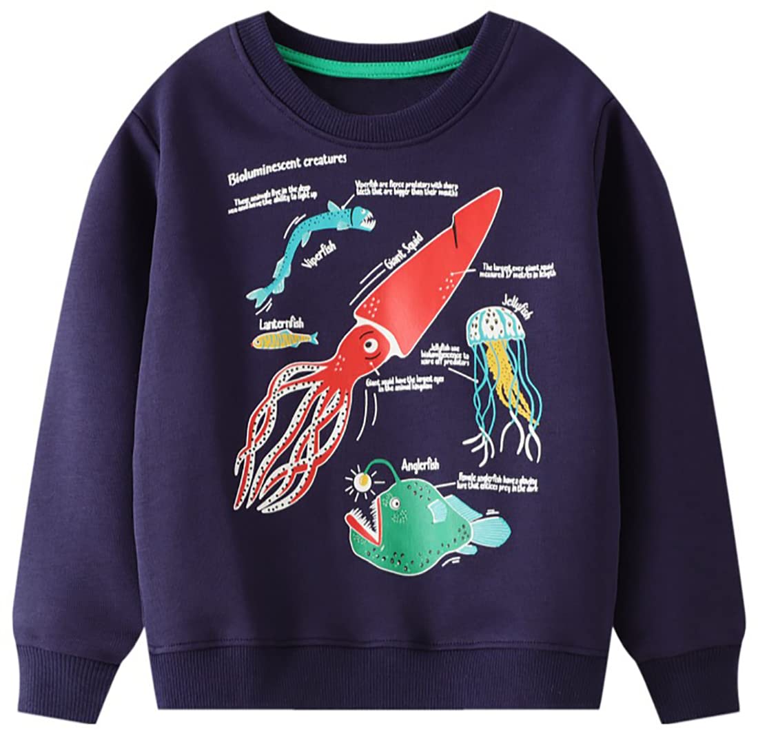 Boy's Crewneck Sweatshirt Cotton Dinosaur Shark Squid Long-Sleeve Print  luminous Patterns Sweatshirt for Boys Girls