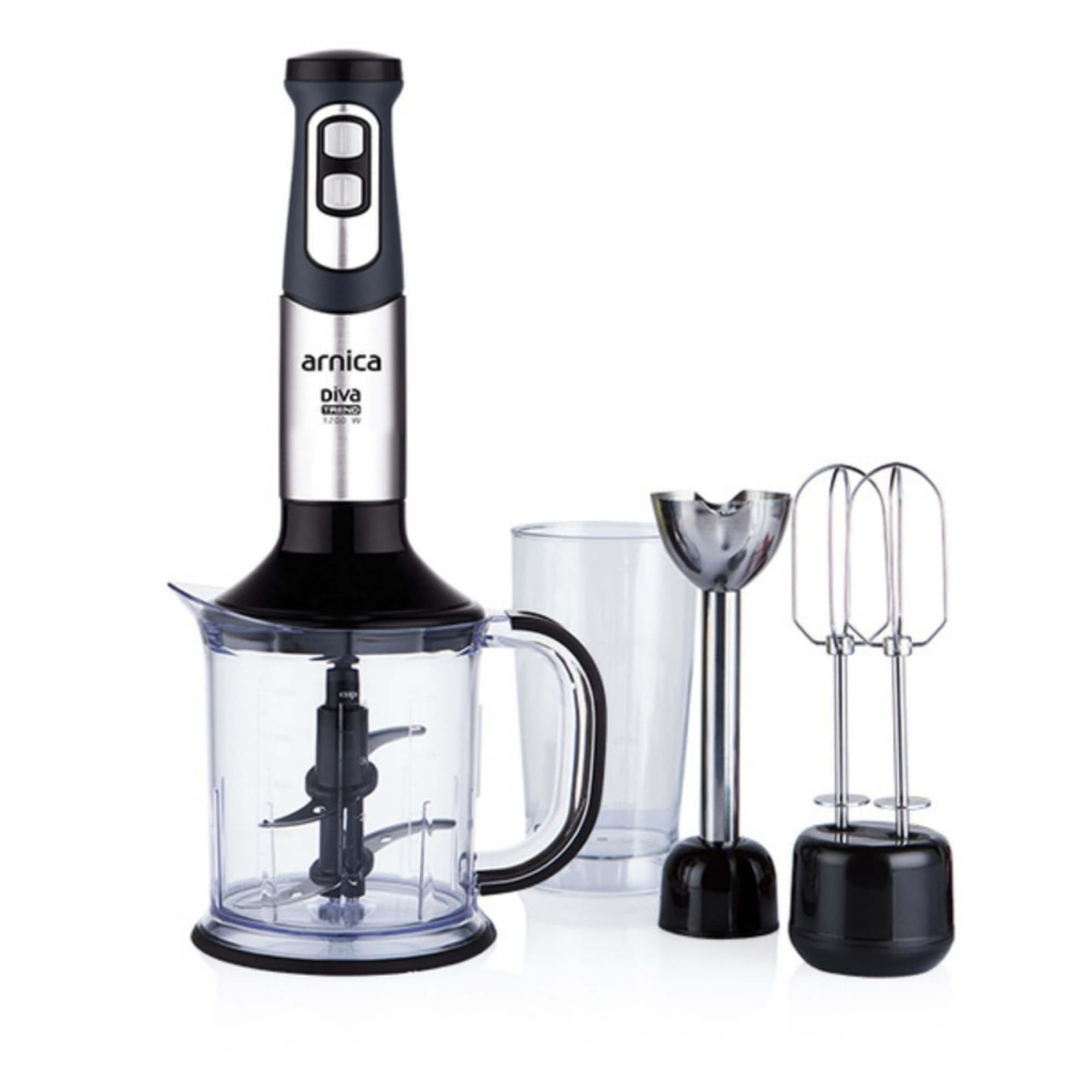 arnica Diva Trend Set Stabmixer - 1200W - Edelstahl Mixstab mit Zerkleinerer Schneebesen - Turbo Funktion – 1.2L Behälter - 600ml Messbecher