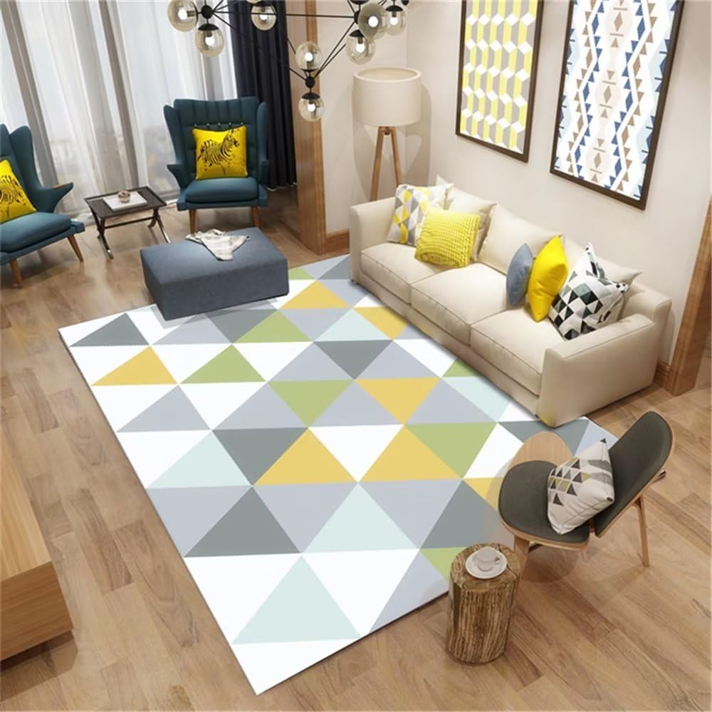 Tapis sol gamer bleu motif moderne triangle pour deco chambre ado fille 100x160
