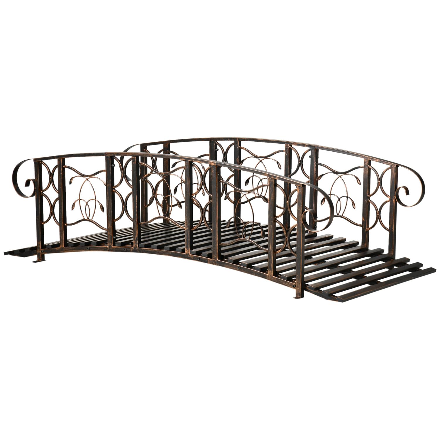 6' Metal Arch Backyard Garden Bridge with 660 lbs. Weight Capacity, Safety Siderails, Vine Motifs, Easy Assembly for Backyard Creek, Stream, Pond, Brown