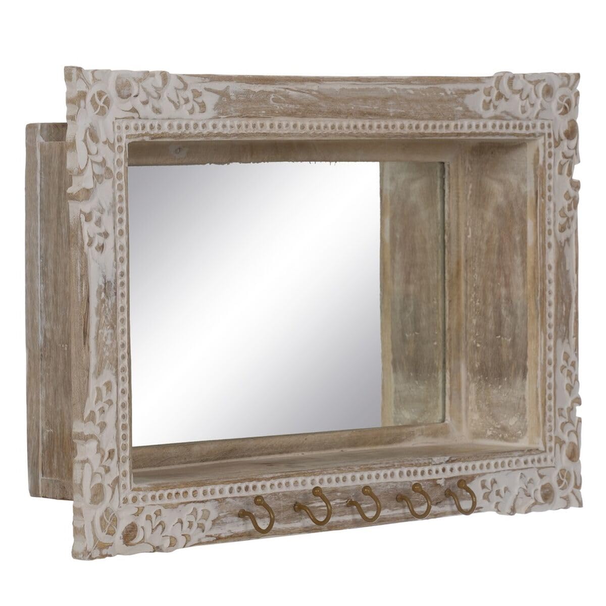BigBuy Home Espejo de Pared Blanco Beige Cristal Madera de Mango Madera MDF Vertical 61 x 10,79 x 38 cm