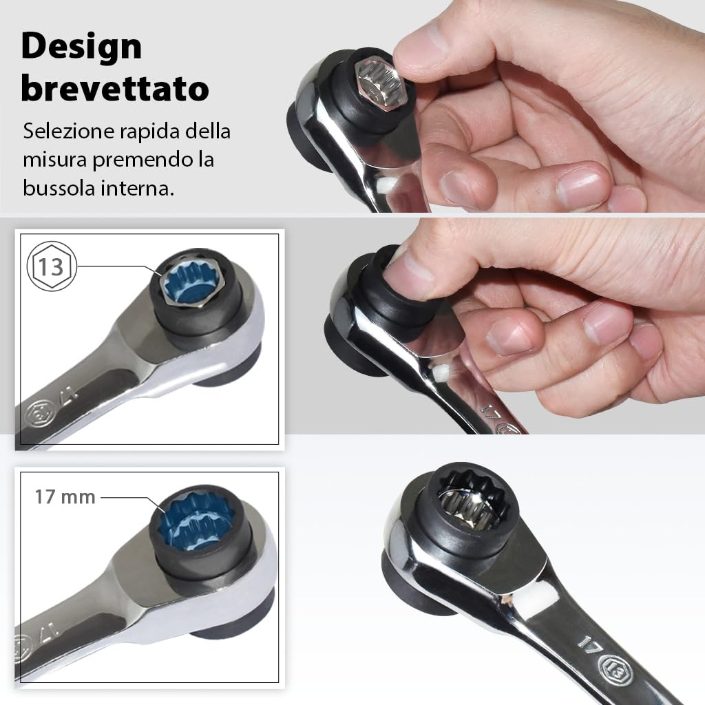 FIRSTINFO F3452 | Chiave a Cricchetto Combinata Reversibile 8 in 1 | 90 Denti | 12 Punti | Misure Metriche da 8 a 19 mm