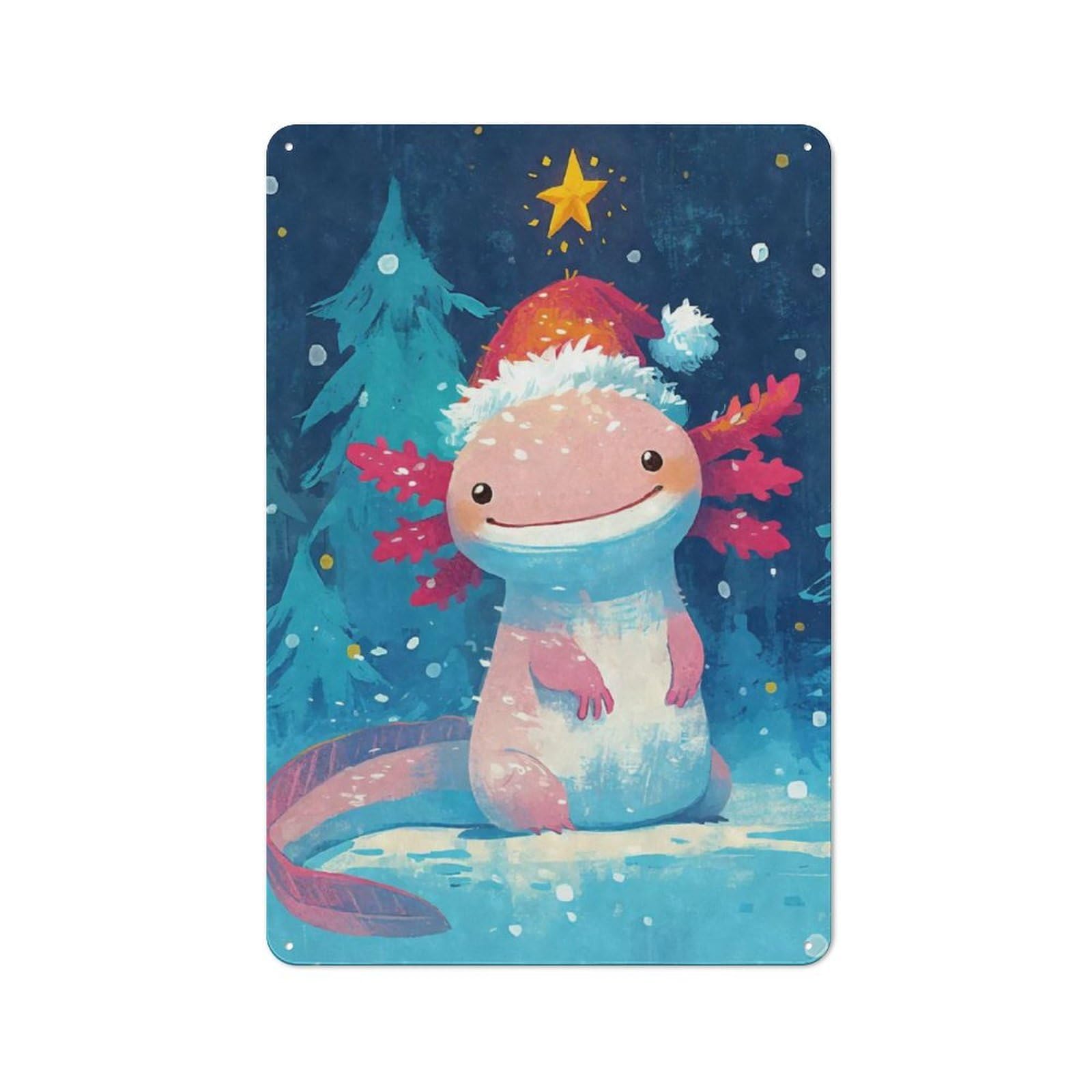 Junmoney Christmas Axolotl Santa Hat Metal Wall Sign 30X20cm Featuring For Living Room Wall, For Decorating Living Rooms And Feature Walls