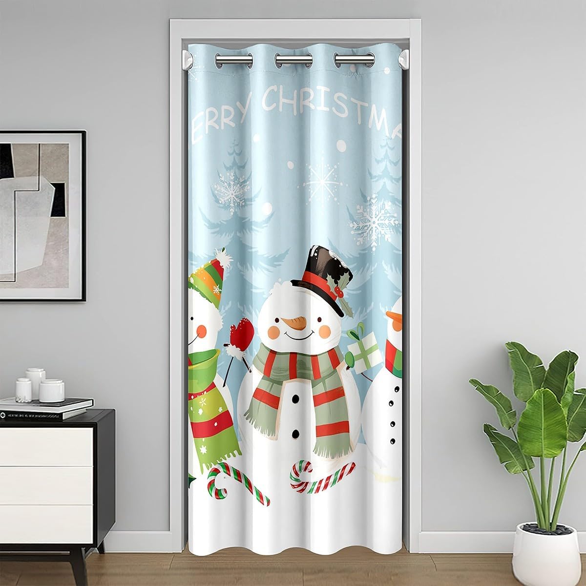 Feelyou Door Curtain for Doorway Window 52" x 80" Christmas Decorations Thermal Insulated Temporary Room Dividers Blue Snowman Closet Cover Happy New Year Bedroom Living Room