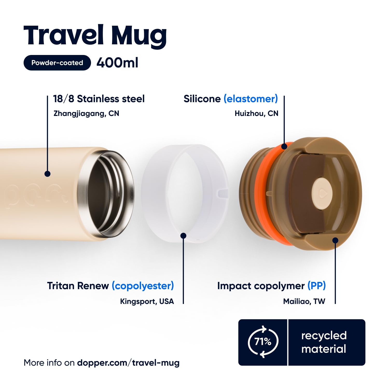 Dopper Mug de voyage isotherme - 400 ml - Marron terre - Gobelet isotherme anti-fuite pour boissons gazeuses - 6h chaud / 20h froid - 90 % acier inoxydable recyclé