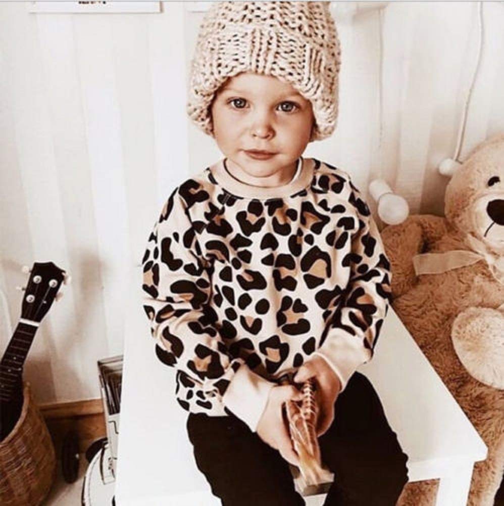 Toddler Kids Baby Girl Boy Sweatshirt Long Sleeve Leopard Print Pullover Sweater Top Fall Winter Clothes Outfits (Khaki,2-3T)