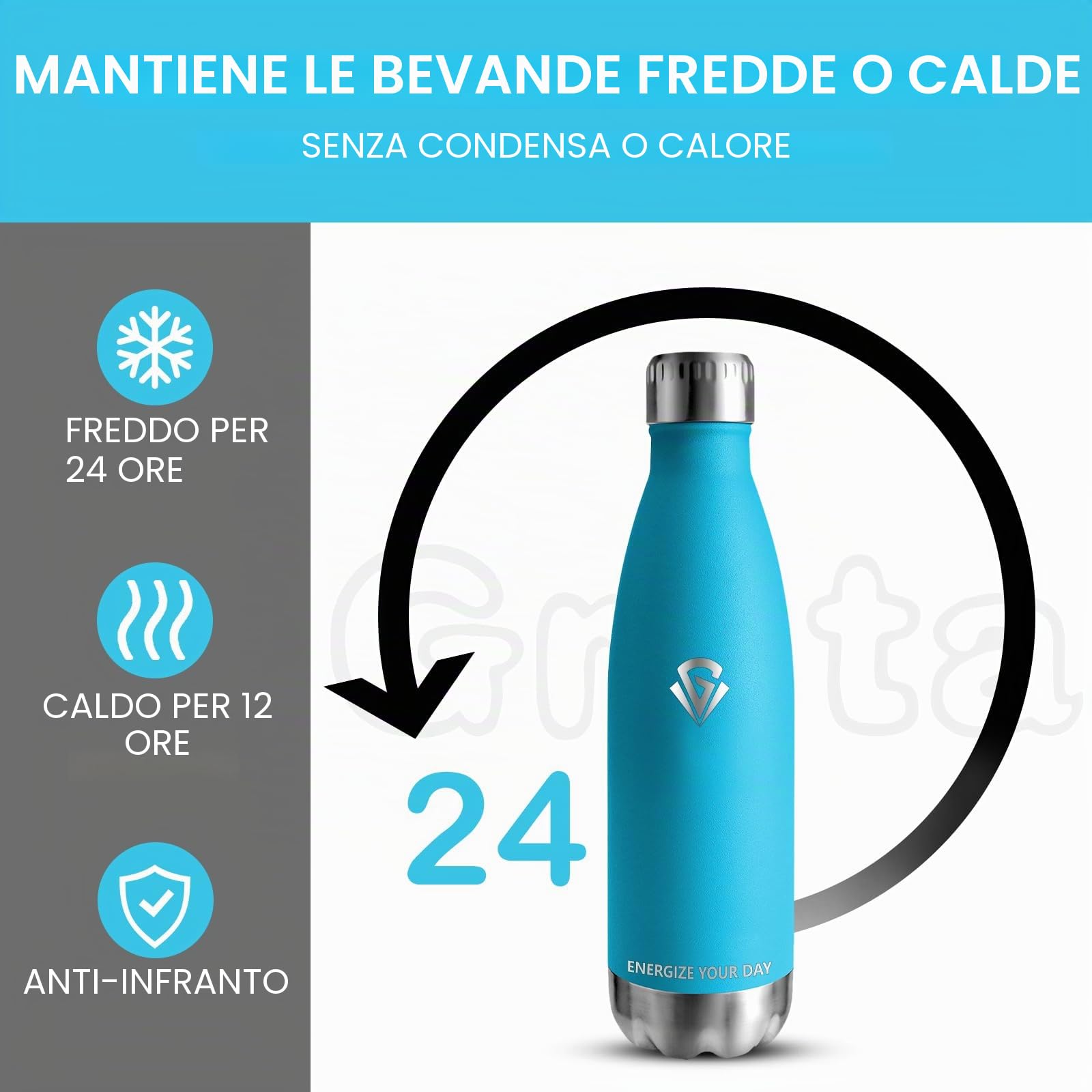 Grsta Borraccia Termica 750ML - Borraccia Palestra, Borraccia Acciaio Inox, Senza BPA, Bottiglia Termica 0.75l Senza Perdite, per Scuola, Bambini, Ufficio