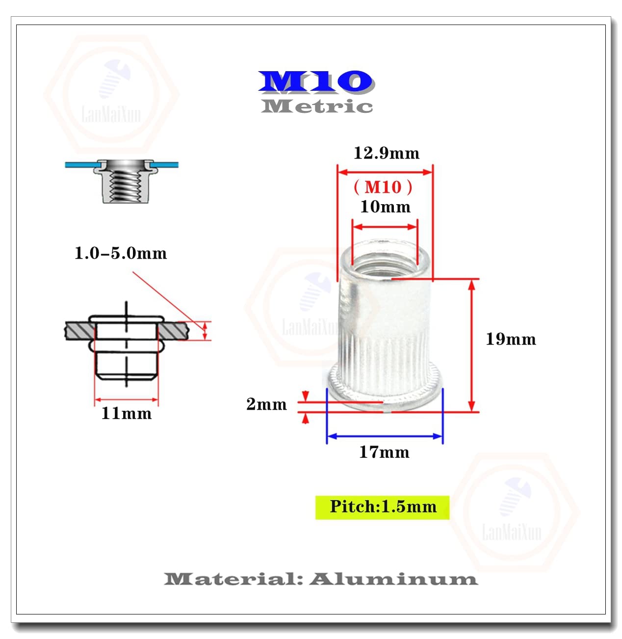 Lot de 50 écrous à rivets aveugles à tête plate M10 en aluminium
