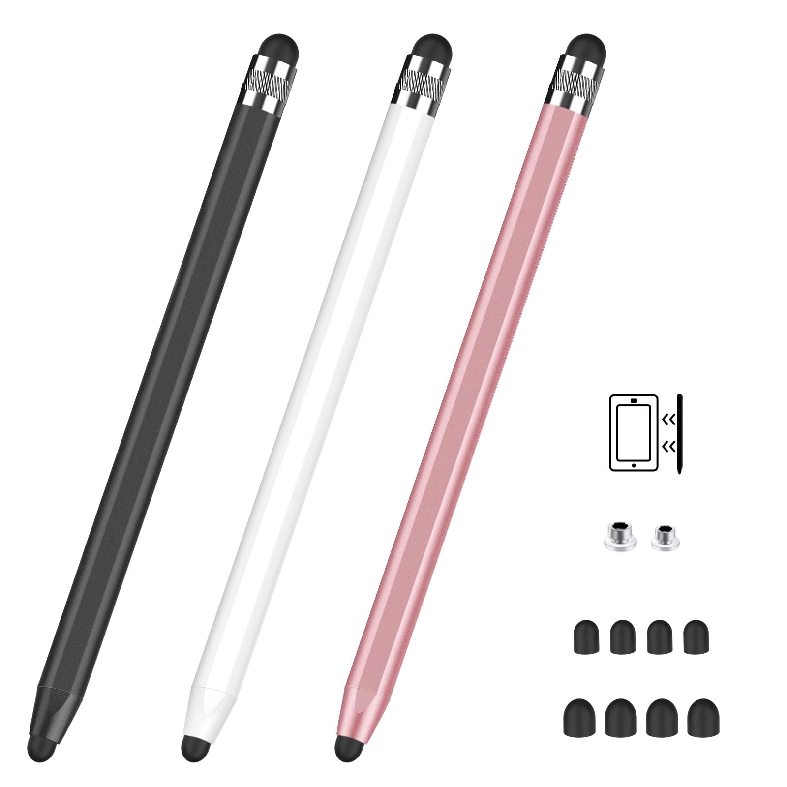MEKO Stylus Pens for Touch Screens, Universal Tablet Pen Capacitive 2 in 1 Stylus for iPhone/iPad/pro/Mini/Air/Samsung/Tablet (Black+White+Rose Gold)