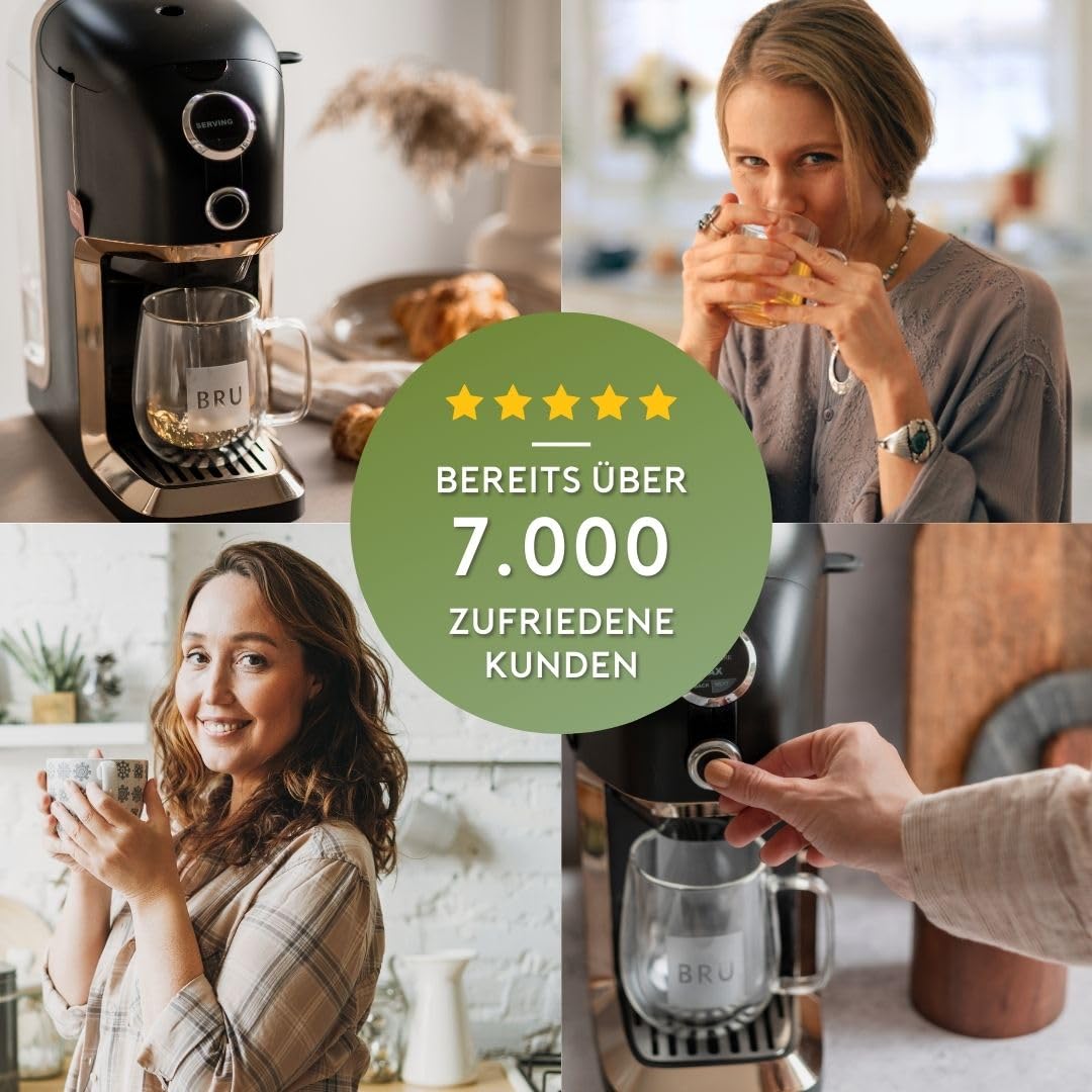 BRU Tee Automat für losen Tee & Kräuter & Teebeutel, OHNE Kapseln, Heißwasserspender & Teemaschine in einem, Tee & filtriertes Wasser auf Knopfdruck, automatisches Reinigungssystem (Schwarz/Chrome)