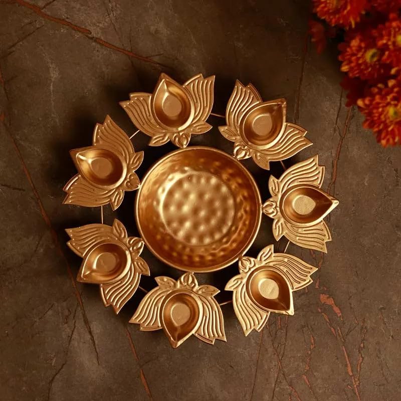 Image of Lotus Shape Diya Flower Urli Handcrafted Bowl for Floating Flowers & Tea Light Candles Home Living Room Office & Table Decor Diwali Decoration Items Premium Metal Color Gold (10inch)