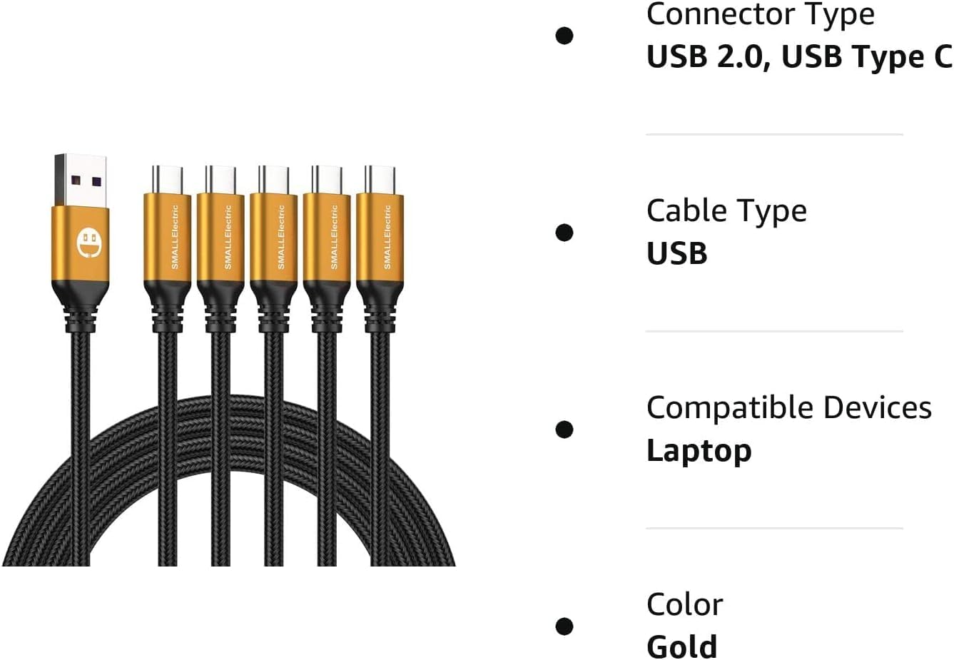 SMALLElectric Cable USB tipo C, paquete de 5 cables de carga rápida USB tipo A a C para Galaxy S20, S10, S9, S8 Plus, cable trenzado de carga rápida para Note 10, 9, 8, LG V50, V40, G8, G7, (dorado)