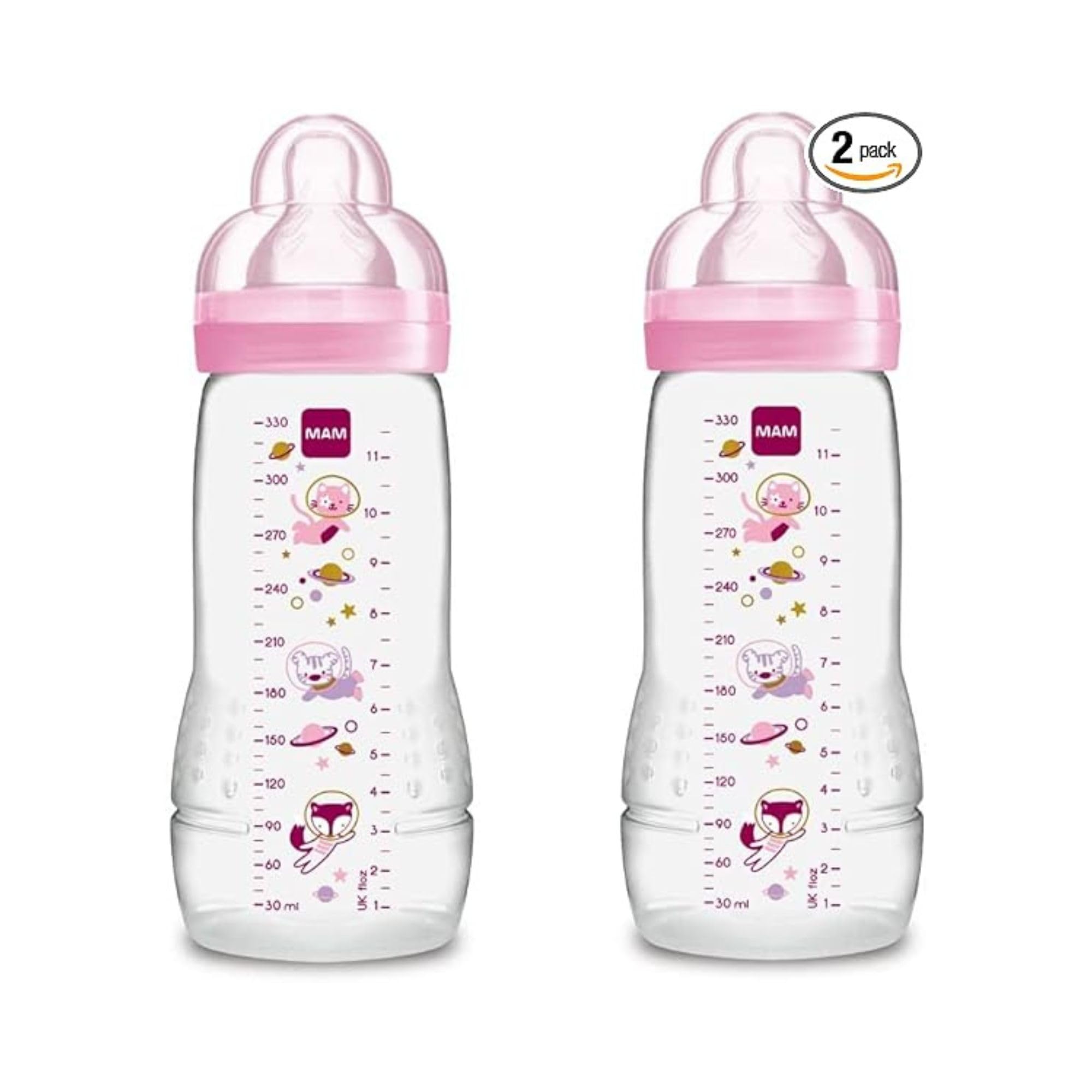 MAM Biberon Easy Active Baby Bottle 330 ml (Set da 2), Kit da 2 biberon MAM per bambini attivi ergonomici e pratici, Accessori neonato 4+ mesi allattamento con tettarella misura 3, Rosa assortito