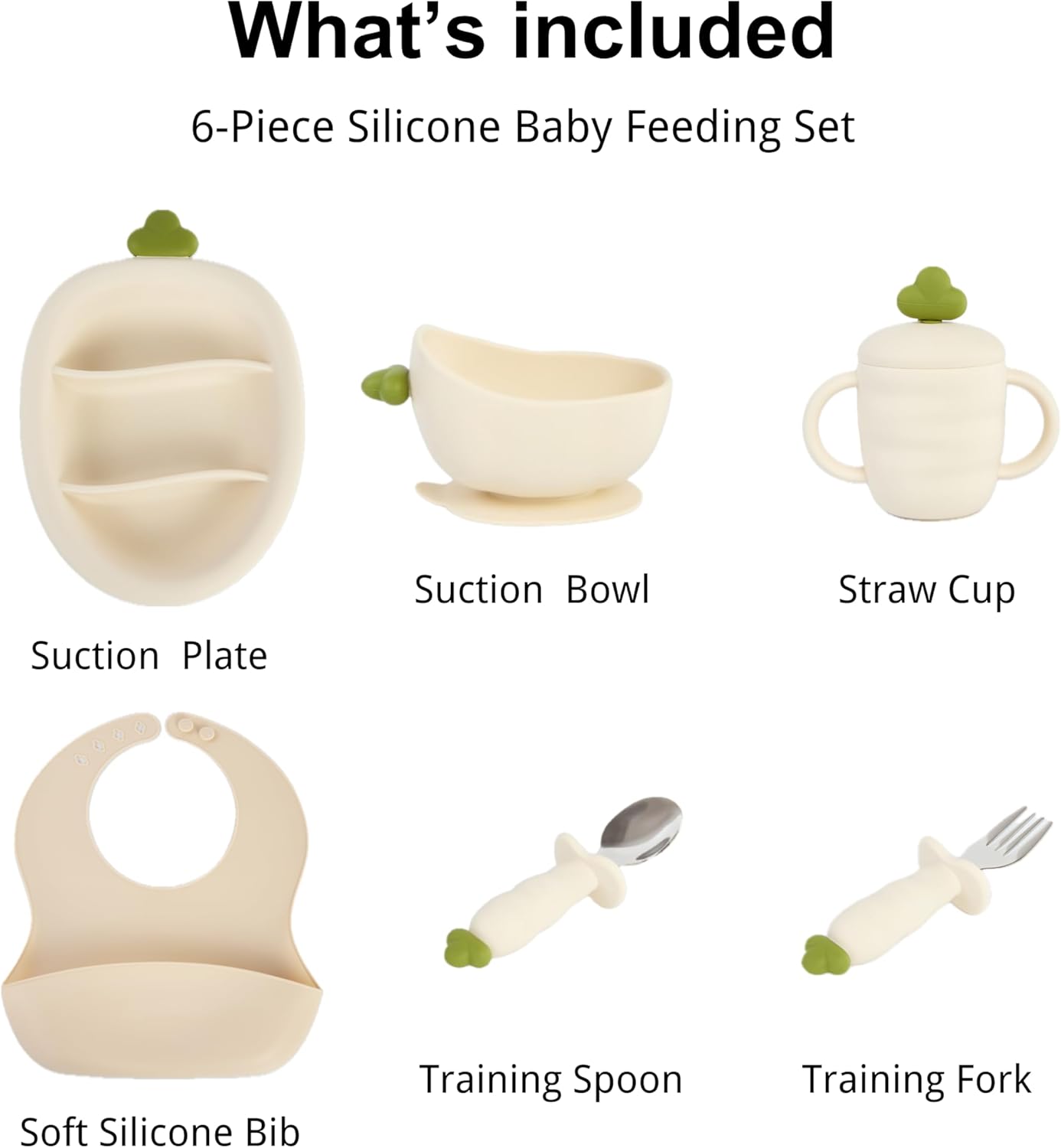 Lovenno Silicone Baby Feeding Gift Set – Suction Plate, Bowl, Training Cup, Fork, Spoon & Bib (6-Piece) (White)