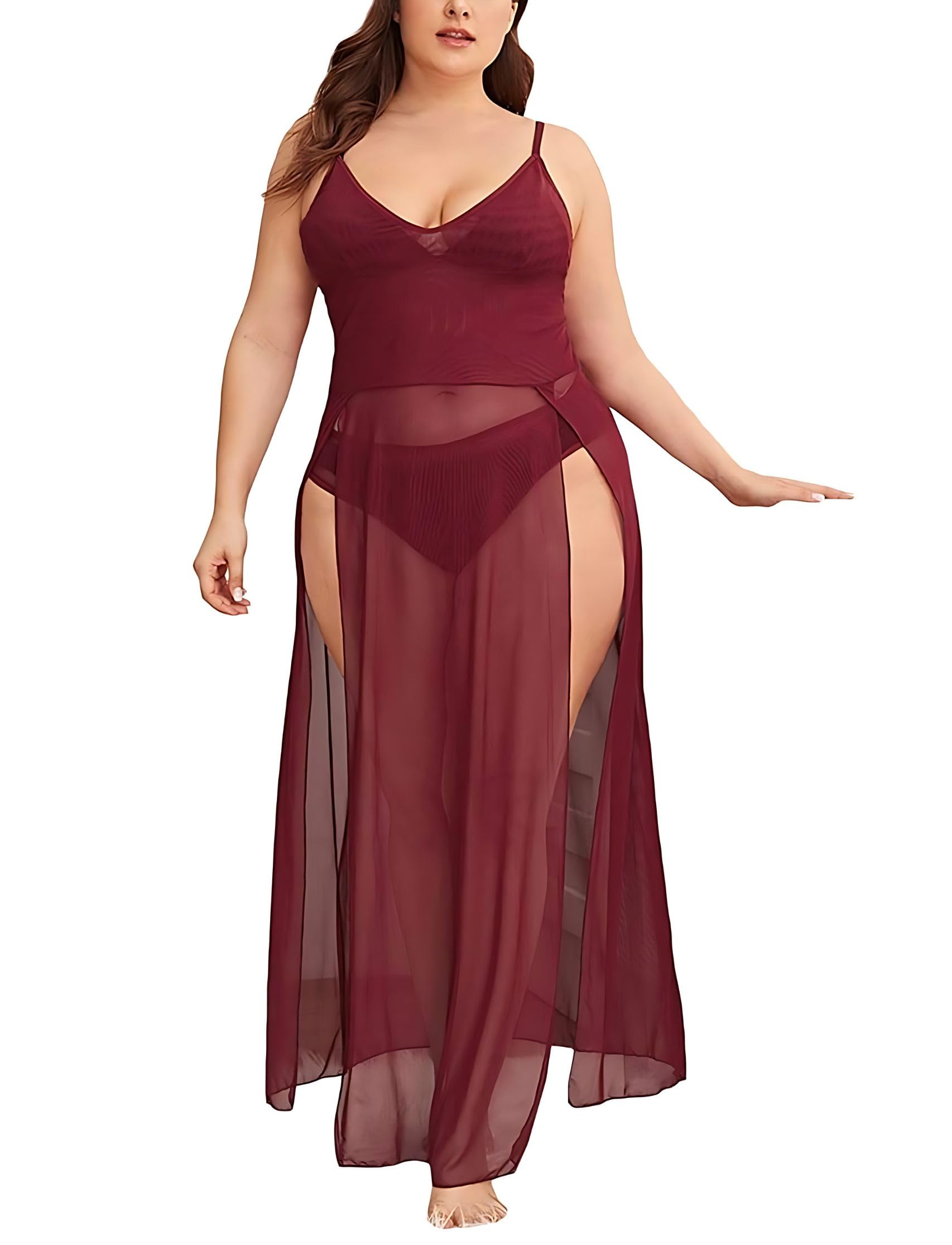 woyak Plus Size Split Long Mesh Lingerie Dress Babydoll Maxi Dress Sleepwear Chemise Sleepwear Side Slits (XXXX-Large, Purple)-picture-19