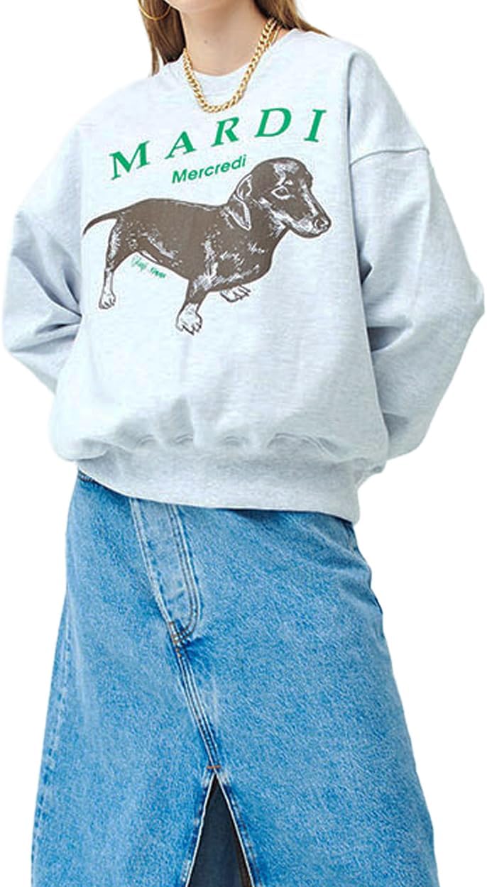 Women's DDANJI Graphic Sweatshirt, 100% Cotton, Relaxed Fit Crewneck, Signature Dachshund Print