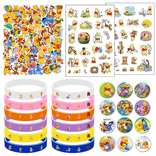 76 pièces Cadeau Winnie l'ourson Anniversaire, Bracelet en Silicone Badges à épingles à Bouton Autocollants Winnie, Étudiant Récompenses Winnie Fournitures de Fête d'anniversaire pour Enfants