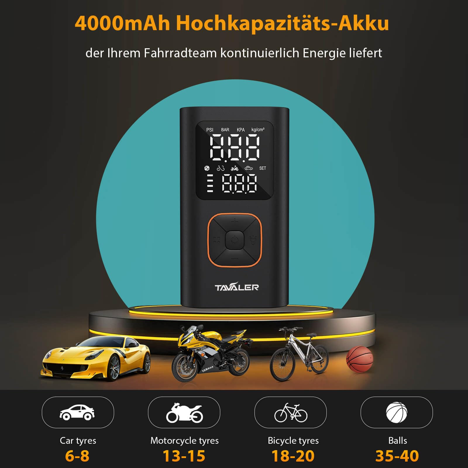 Tavaler Elektrische Luftpumpe Kabellose 150PSI Tragbare Akku Fahrradpumpe | Akku Luftpumpe Autostop, Memory Funktion Fahrradpumpe Elektrisch, LED-Licht Mini Kompressor für Auto E-Bike Fahrrad Motorrad