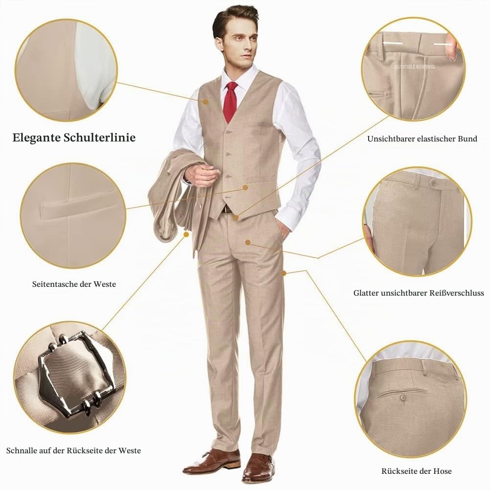 Slim Fit 3-teiliger Anzug für Herren, zwei Knöpfe, Business Hochzeits-Smoking, Anzug-Set, Jacke, Weste, Hose, mit Krawatte