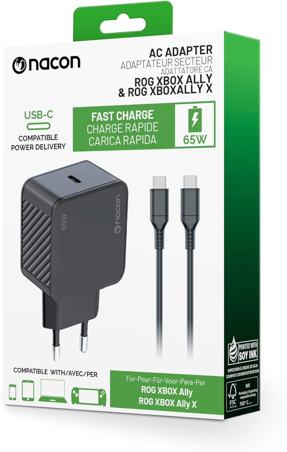 NACON Ładowarka do ROG Xbox Ally i Ally X, zasilacz 65W z Power Delivery, szybkie ładowanie, kompatybilna z PC, smartfonem, przełącznikiem. Kabel USB-C 1,5 m w zestawie - XBXROGADAPT65