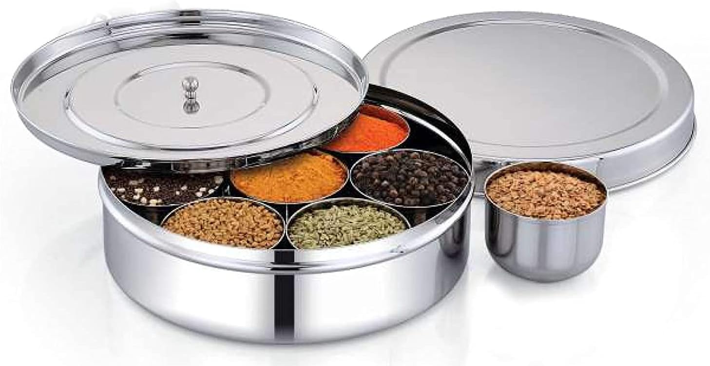Stainless Steel Round Spices Box Kitchen Masala Dabba - Spice Container - Masala Dabba - 7 Compartments with Spoon, Airtight Silver Color - 18.5 cm (7.3 Inch)
