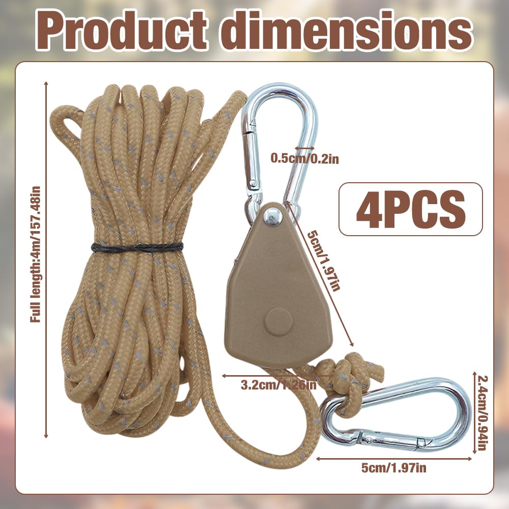 Lot de 4 cordes à cliquet réglables de 4 m avec tendeur de corde, suspension à cliquet réglable, cordes de tendeur réfléchissantes, avec boucle de serrage en aluminium, corde de camping