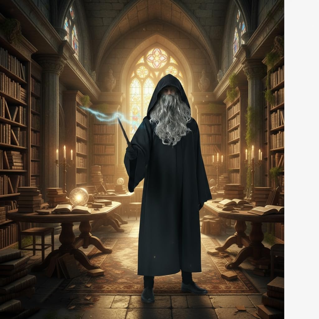 Wizard Costumes with Warlock Cloak Wig Beard Gloves Wand Halloween Magician Sorcerer Cosplay Outfit Party Props Black - Image 2