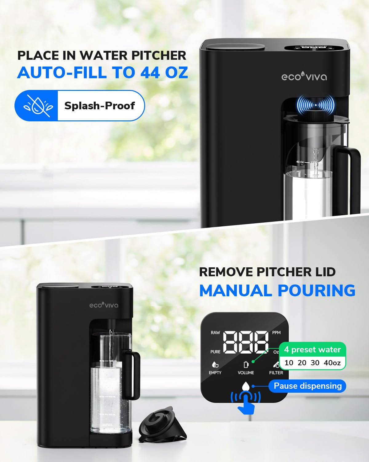Ecoviva Mate 3 Filtro per acqua ad osmose inversa da banco con 2 caraffe di riempimento automatico, sistema di filtrazione RO a 8 fasi, senza installazione, riduce il TDS, rapporto puro-scarico 3:1