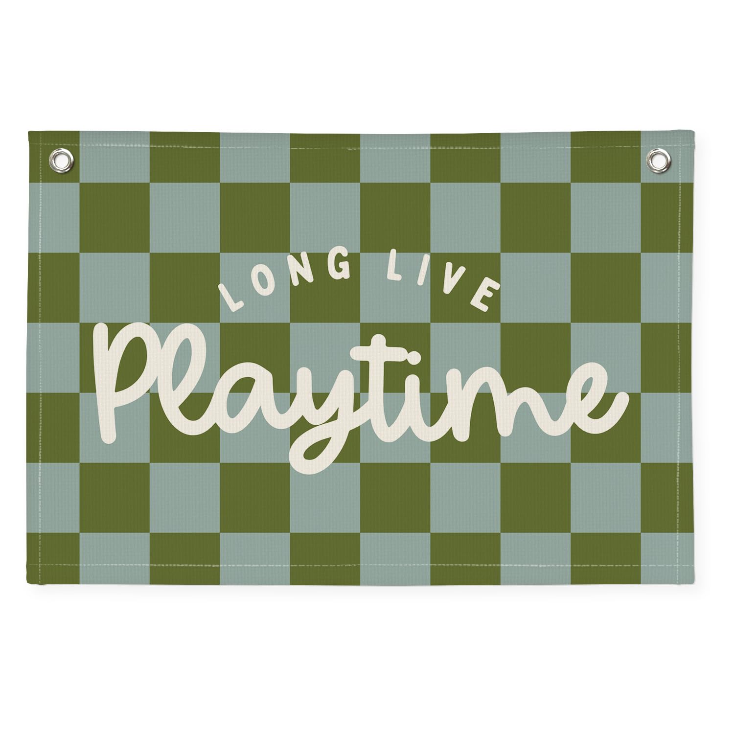 Playroom Decor Long Live Playtime Banner, Green And Blue Checkered Pattern Banner Linen Hanging Banner Flag for Nursery Toddler Room, Boys Girls Kids Room Decor,Classroom Decorations 30x20
