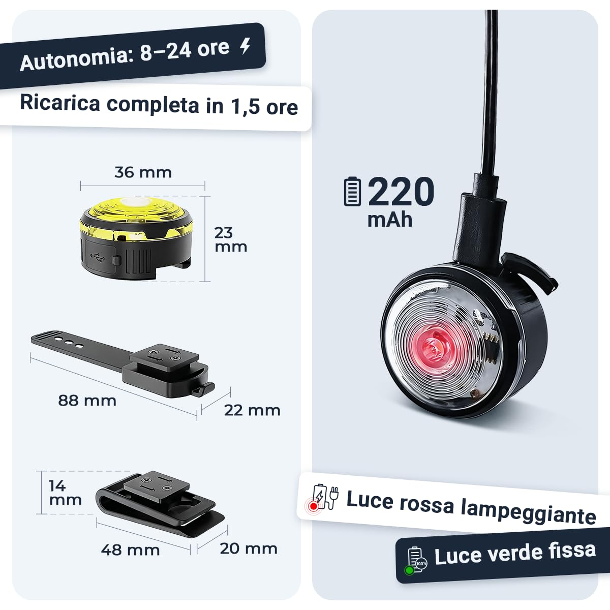 PAJ LIGHT MINI - LED Ultraluminoso per Collari e Pettorine - Cani Piccoli, Medi e Gatti - Regolazione Flessibile - 100% Impermeabile - 7 Colori - Sicurezza e Visibilità Notturna
