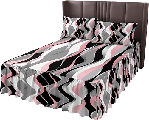 Miniatura 4 de Falda de cama rosa y negra para cama de tamaño Queen, falda de ropa de cama envolvente con volantes de polvo reunido con 2 paquetes de fundas de