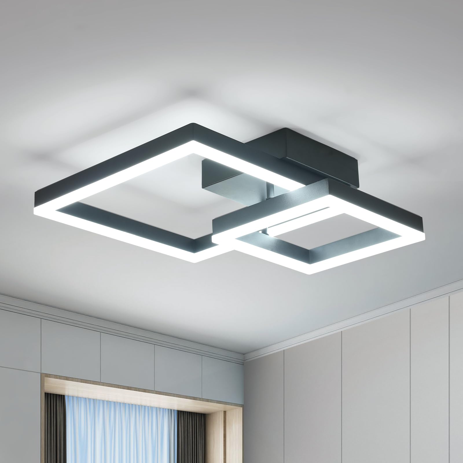 DELIPOP Plafoniera LED Soffitto Moderna, 36W Lampadario da Soffitto Nero Quadrati, Lampada da Soffitto Moderna Alluminio per Camera da Letto Soggiorno Cucina Studio Ufficio, 6500K Bianca Fredda, 52cm
