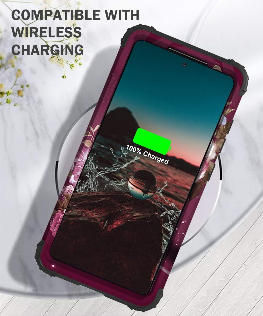 Hocase Galaxy A52 5G Case, Heavy Duty Shockproof Soft Silicone Rubber Bumper+Hard Plastic Hybrid Protective Case for Samsung Galaxy A52 5G 2021 - Burgundy Flowers