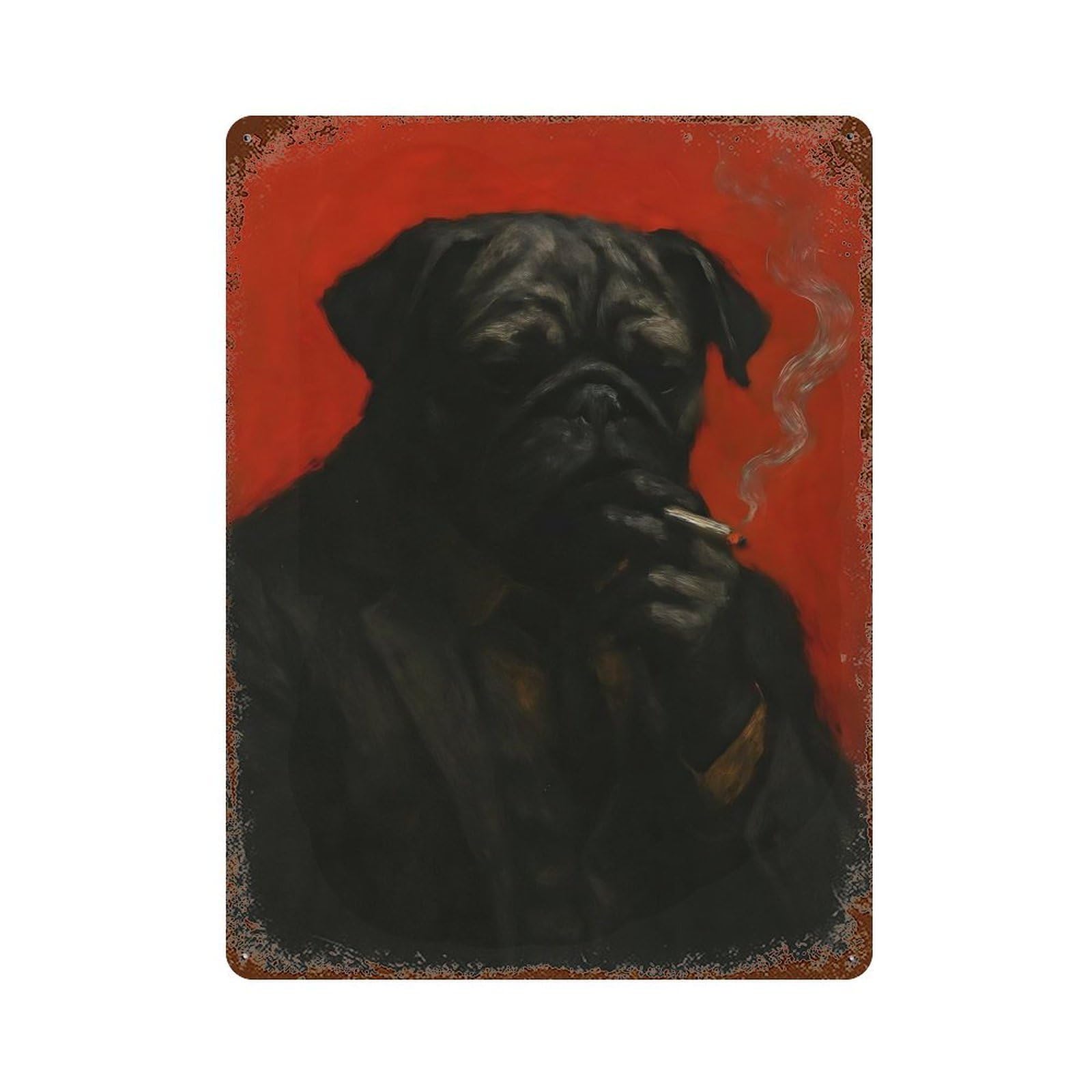 Smoking Pug Portrait Rustic Tin Plaque 15.7"x11.8", Ideal for Shed, Workshop And Garage Wall Decor